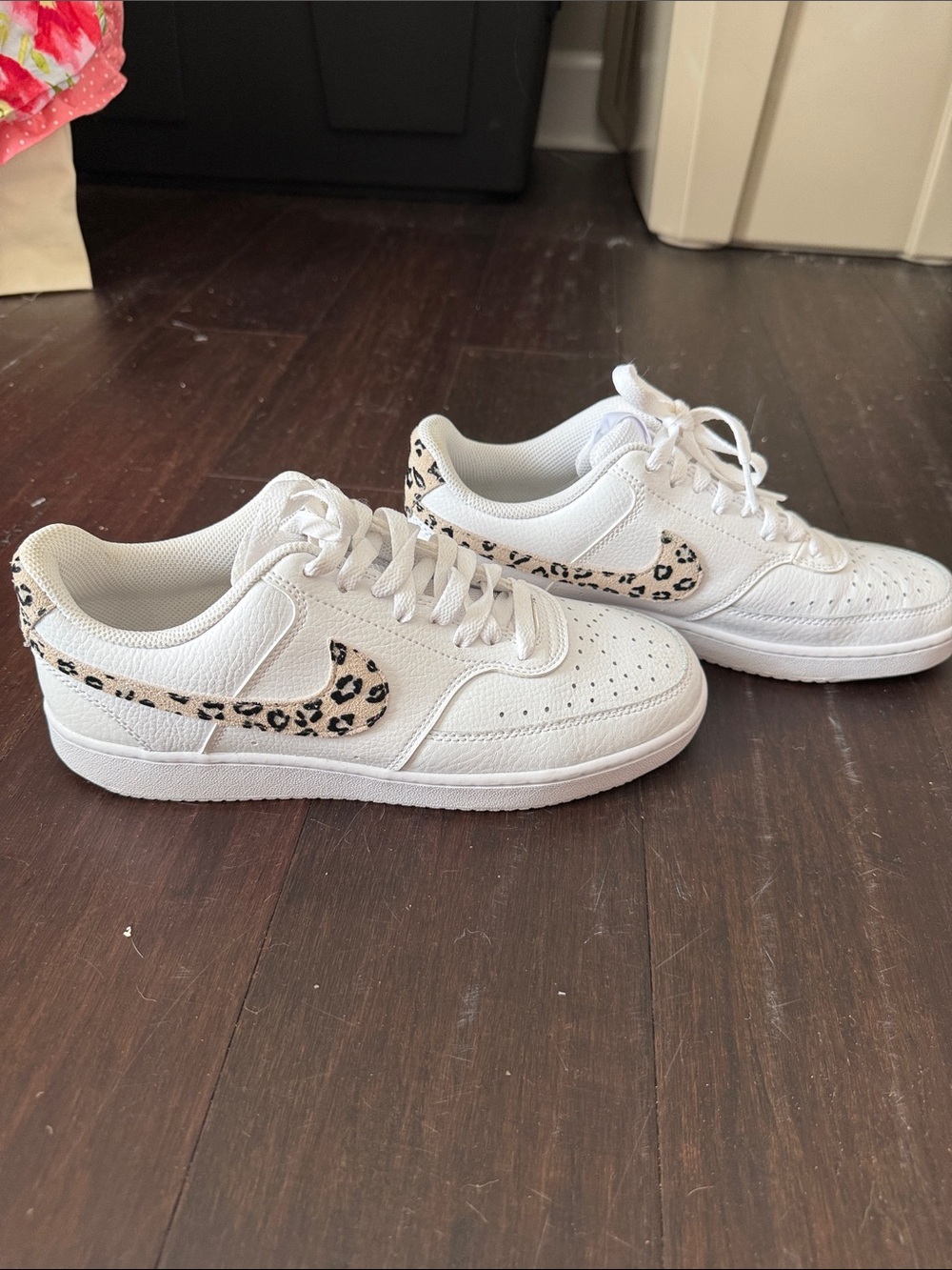 Nike White Courts with Leopard Swoosh